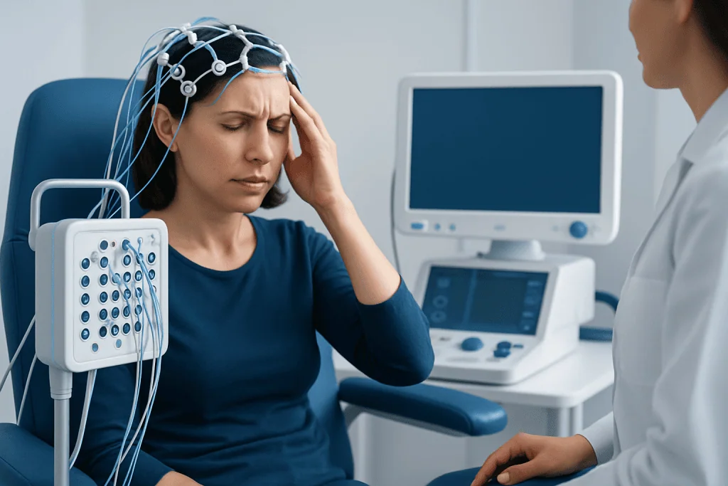 Woman experiencing headache during EEG test at Acibadem Hospital.