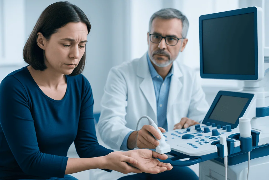 Doctor performing an ultrasound examination on a patient's hand.