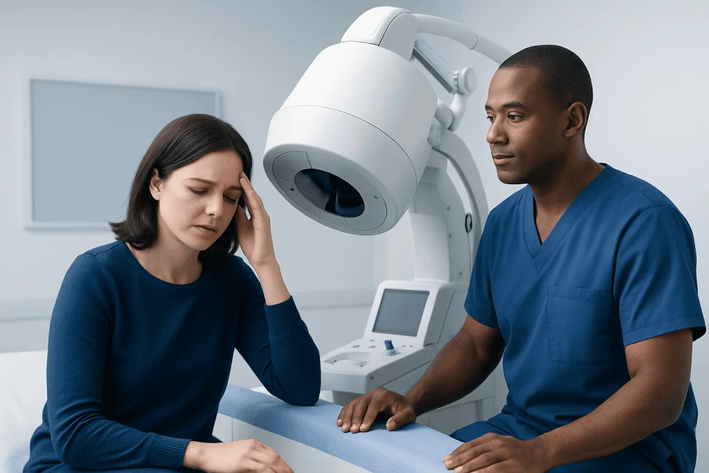 Doctor examining a woman with a headache in a medical clinic.