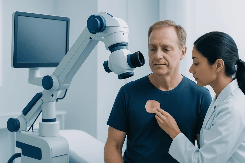 Doctor examining skin lesion with microscope in medical clinic.