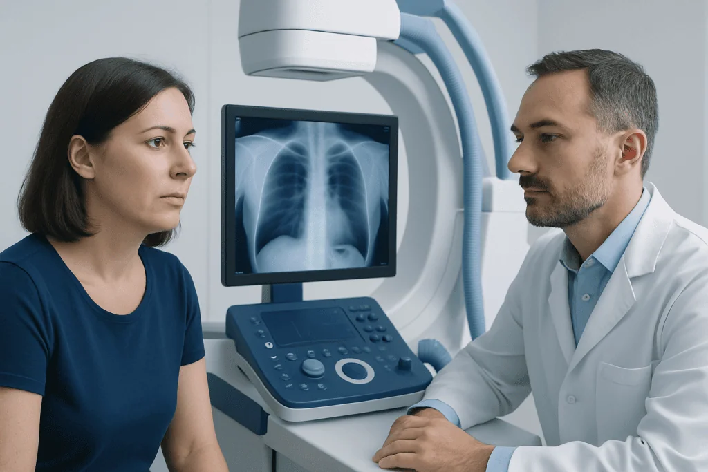 Doctor explaining lung X-ray to patient in a medical consultation.