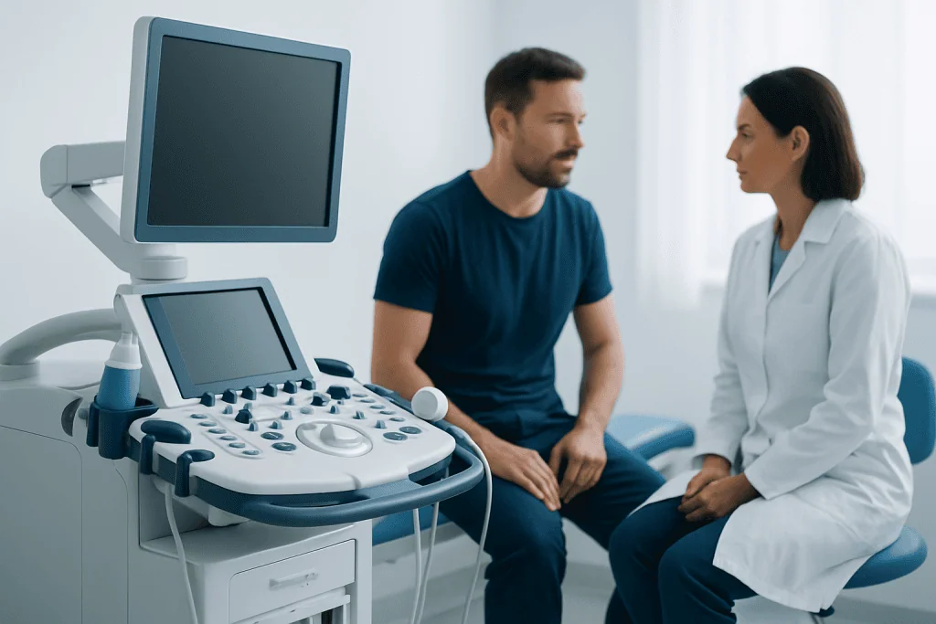 Doctor consulting male patient with ultrasound equipment in clinic.