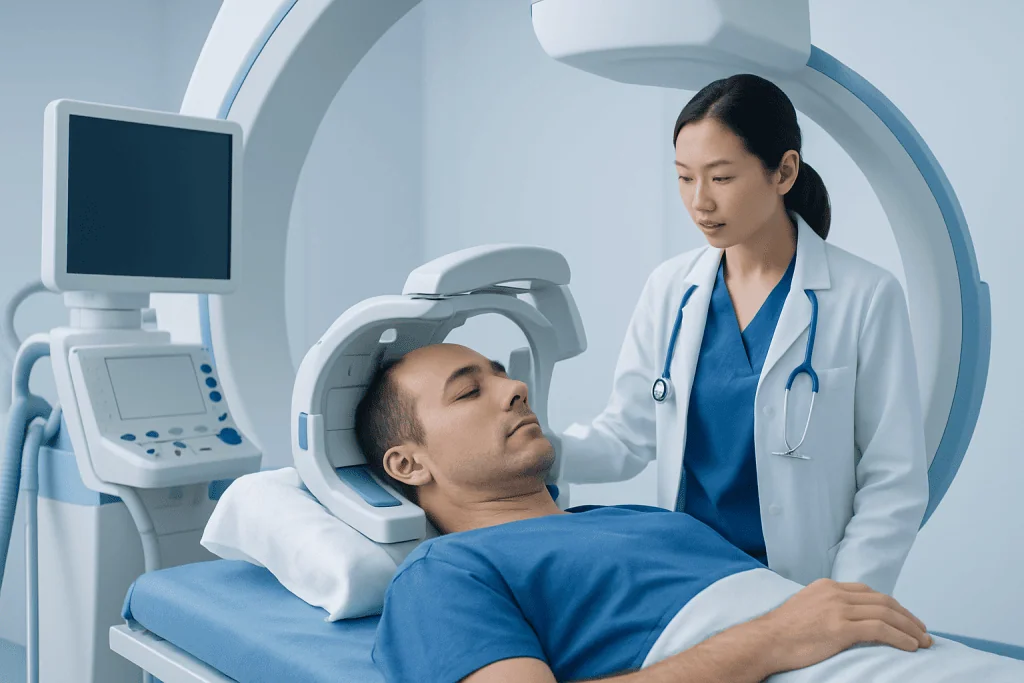 Patient undergoing MRI scan at Acibadem Hospital for carotid cavernous fistula evaluation.