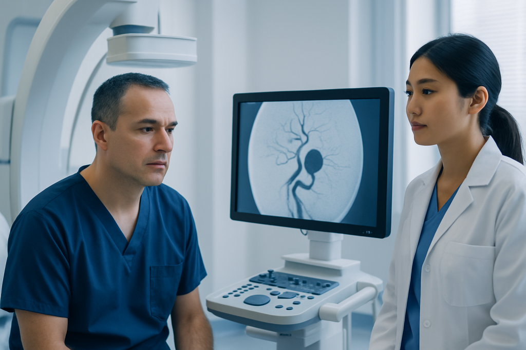 Medical professionals reviewing brain aneurysm scan in hospital setting.