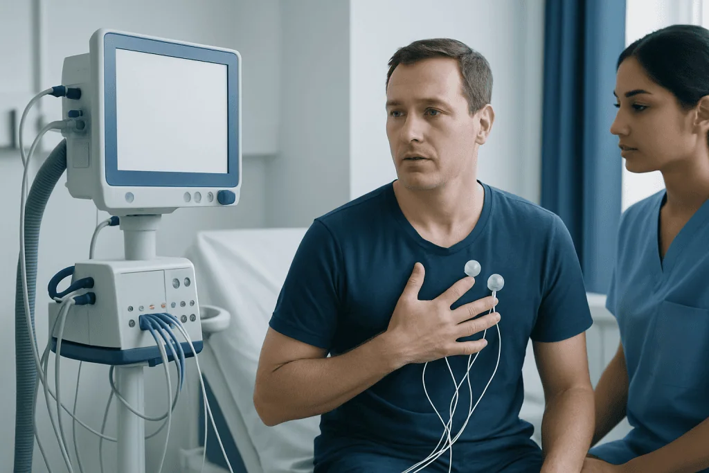 Patient undergoing cardiac monitoring in a hospital setting.