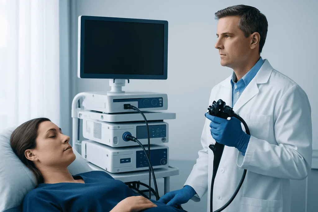 Doctor performing esophageal test on patient in hospital.