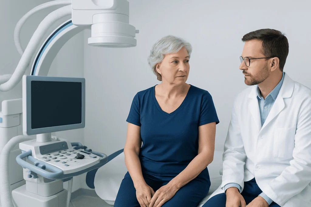 Doctor consulting with an elderly woman patient in a medical examination room.