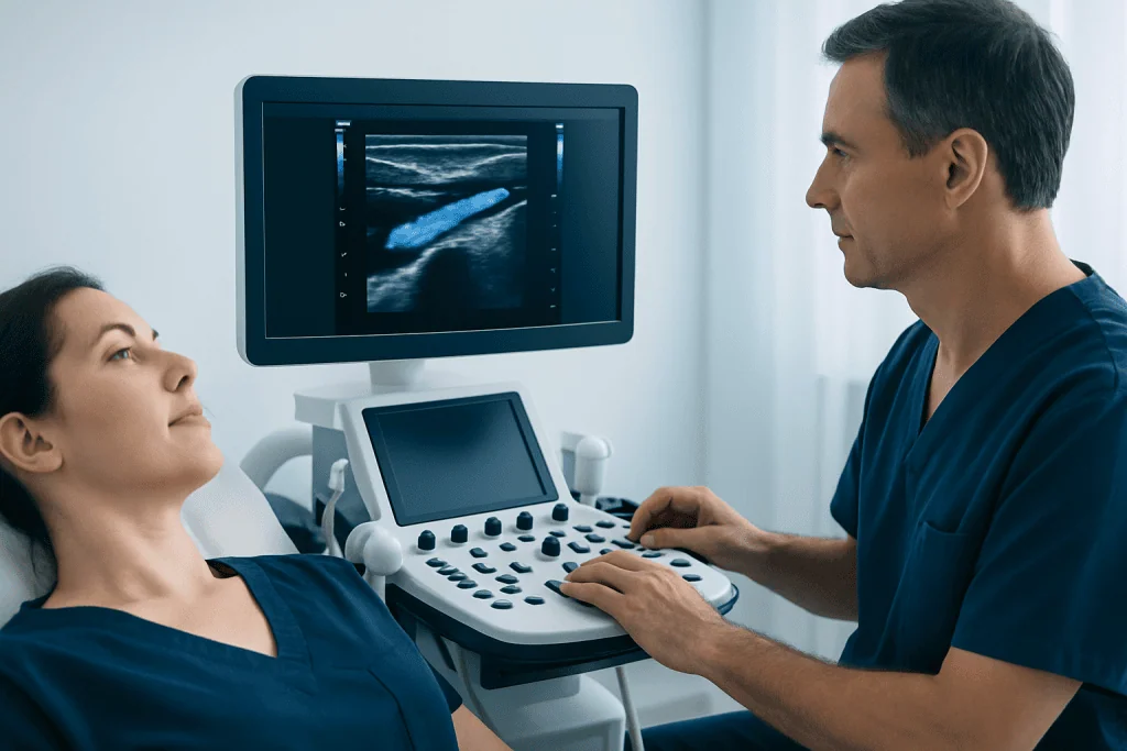 Medical professional performing ultrasound on patient in hospital.