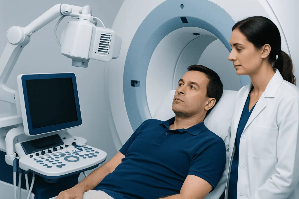 Patient undergoing MRI scan at Acibadem Hospital for nasopharyngeal evaluation.
