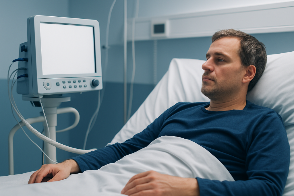 Patient in hospital bed connected to medical monitor for health assessment.