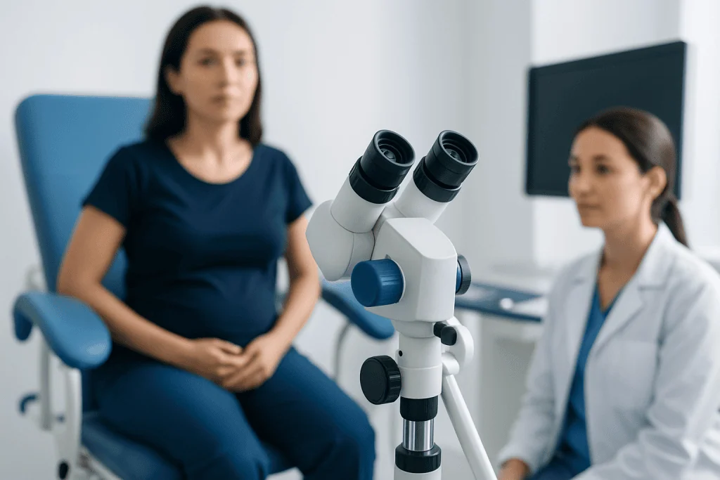 Gynecologist examining a patient with a microscope in a medical office.