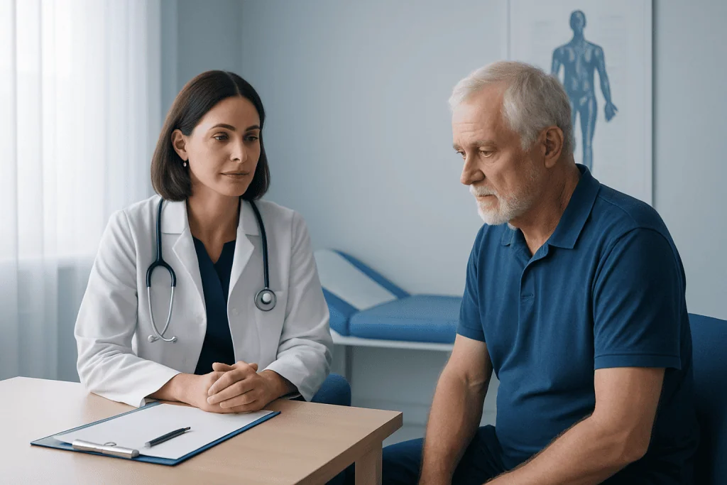 Doctor consulting with an elderly male patient in a medical office.