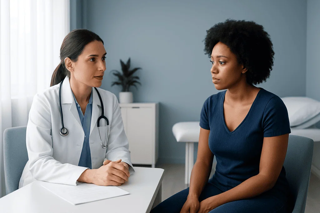 Doctor consulting with patient in a medical office at Acibadem Hospitals.