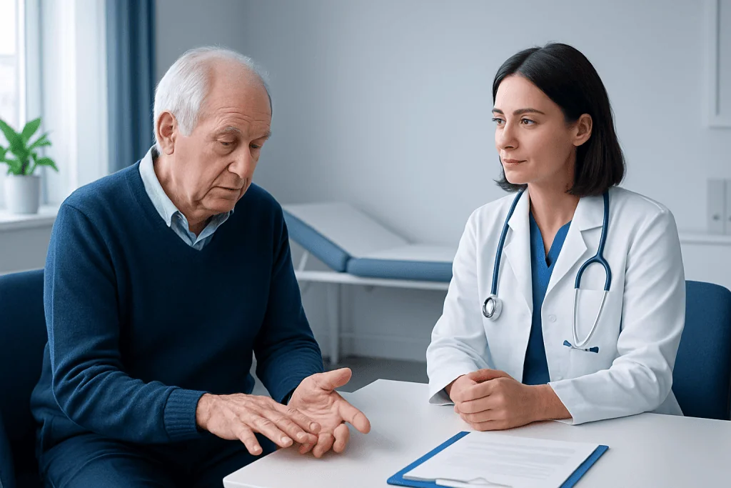 Doctor examining elderly man's hand for tremors in a clinical setting.