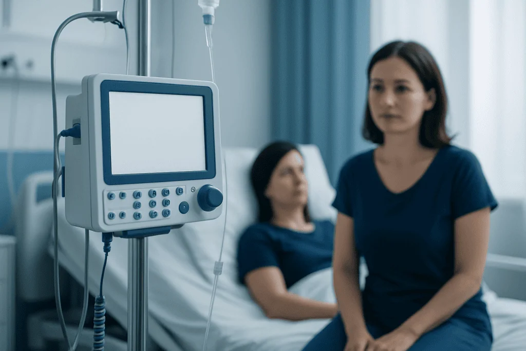 Hospital patient monitoring with medical staff in a clinical setting.