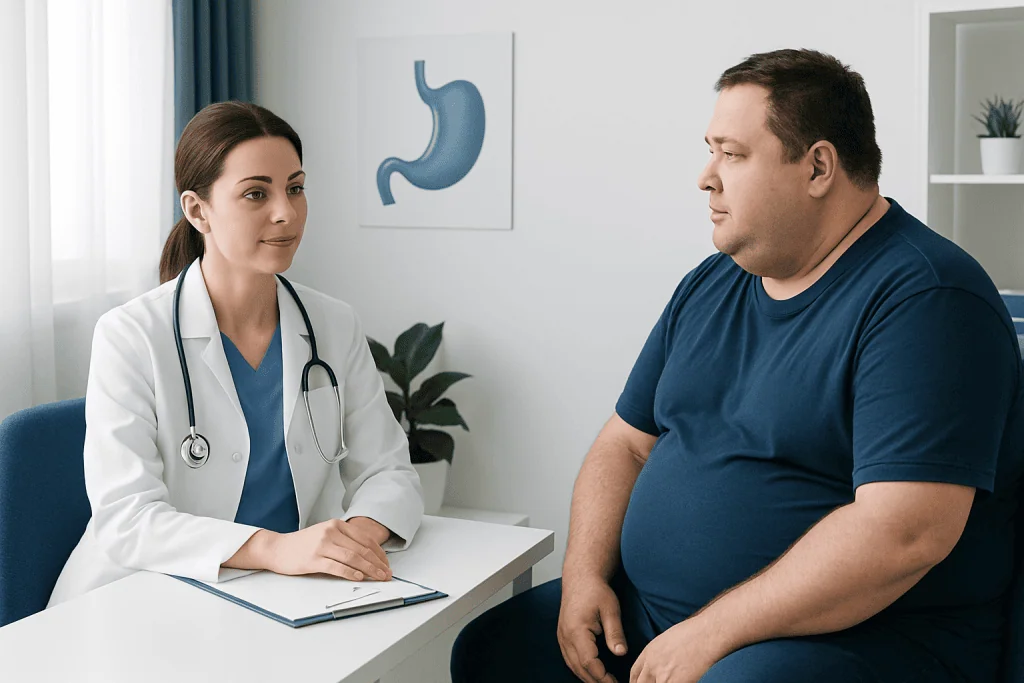 Doctor consulting with a patient about gastric health in a clinic setting.