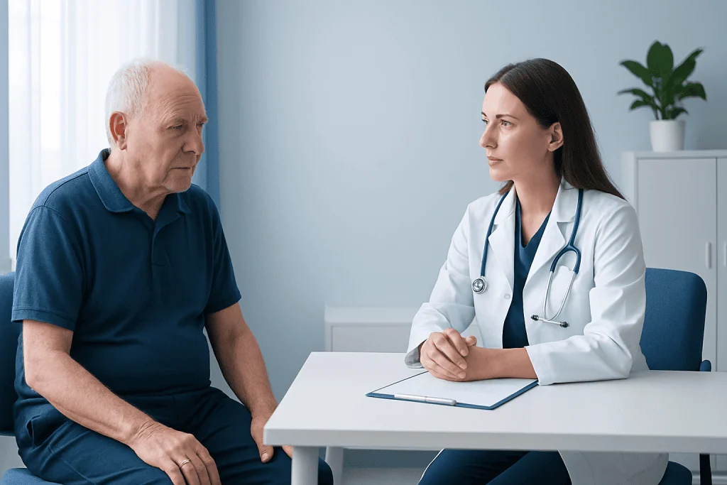 Doctor consulting elderly patient in a medical office setting.