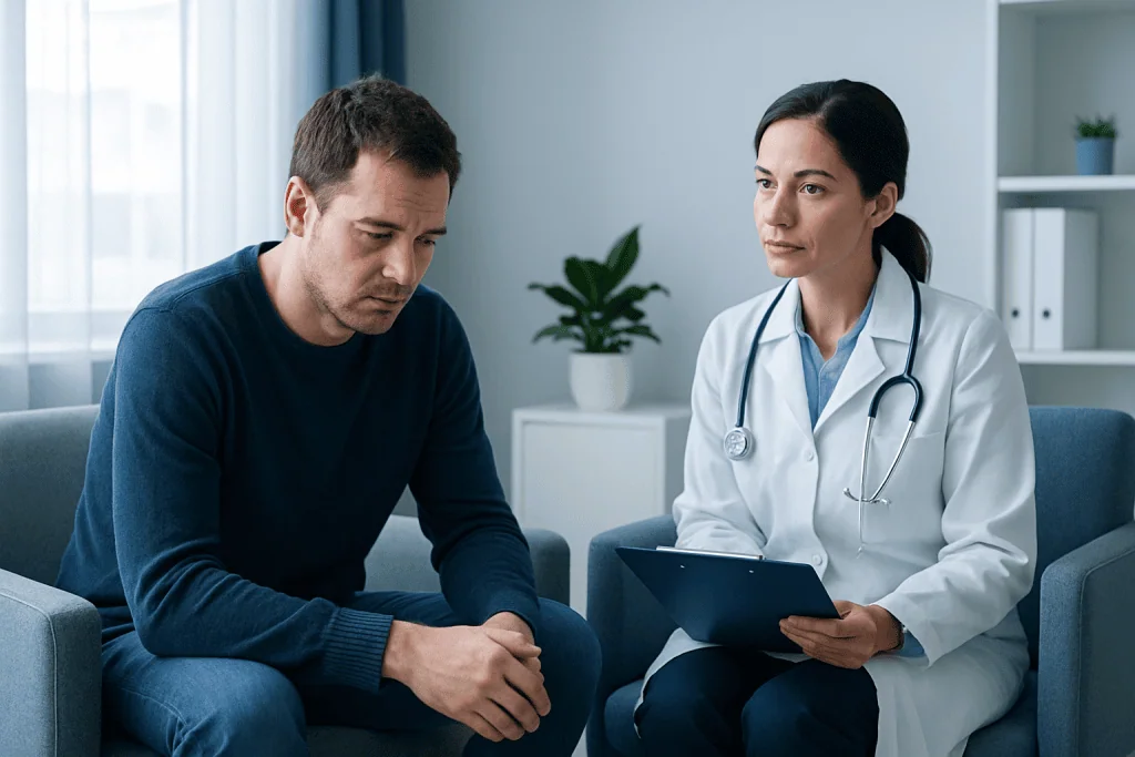 Patient consulting with a doctor in a medical office setting.
