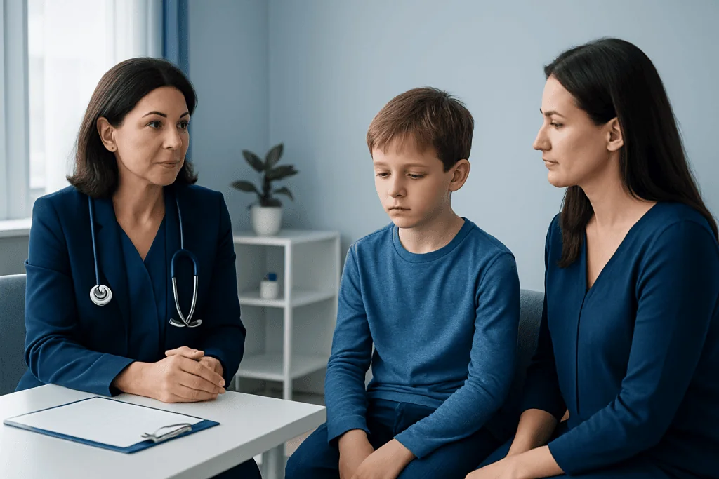 Child with two women in a medical consultation room.