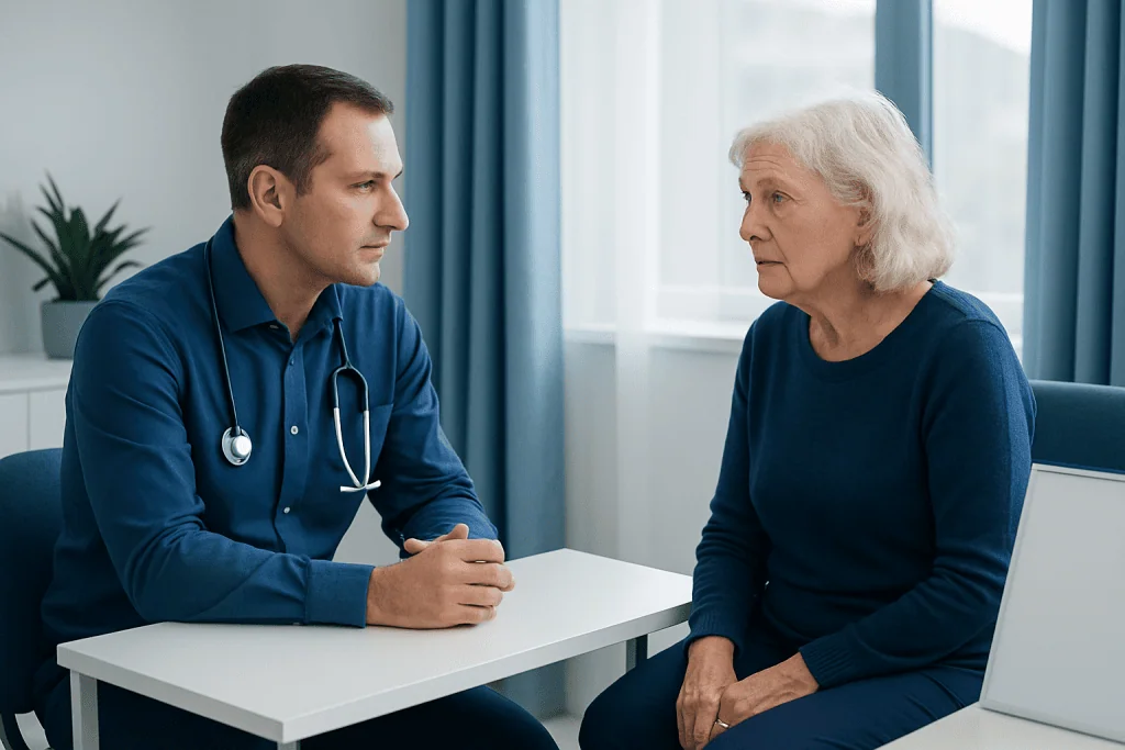 Doctor consulting with an elderly woman in a medical office.