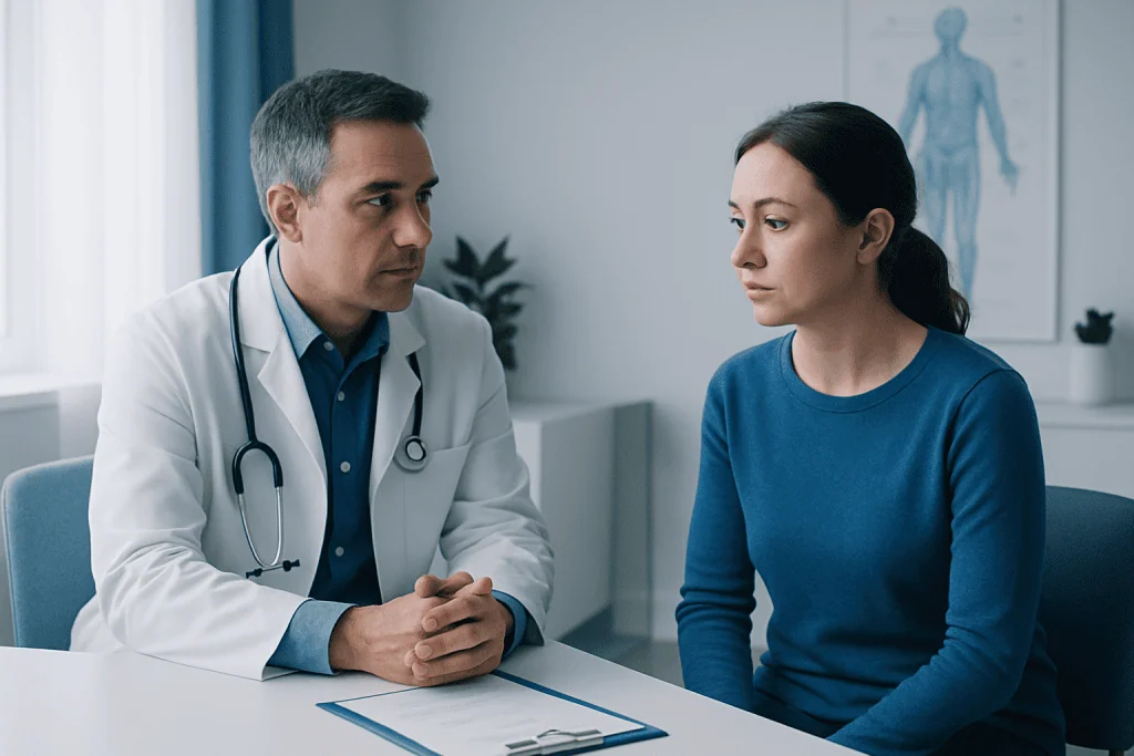 Doctor consulting with a female patient in a medical office setting.