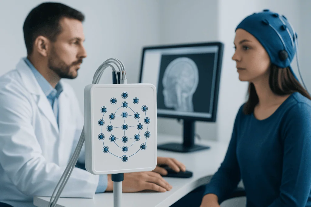 Doctor and patient discussing brain scan in a medical setting.