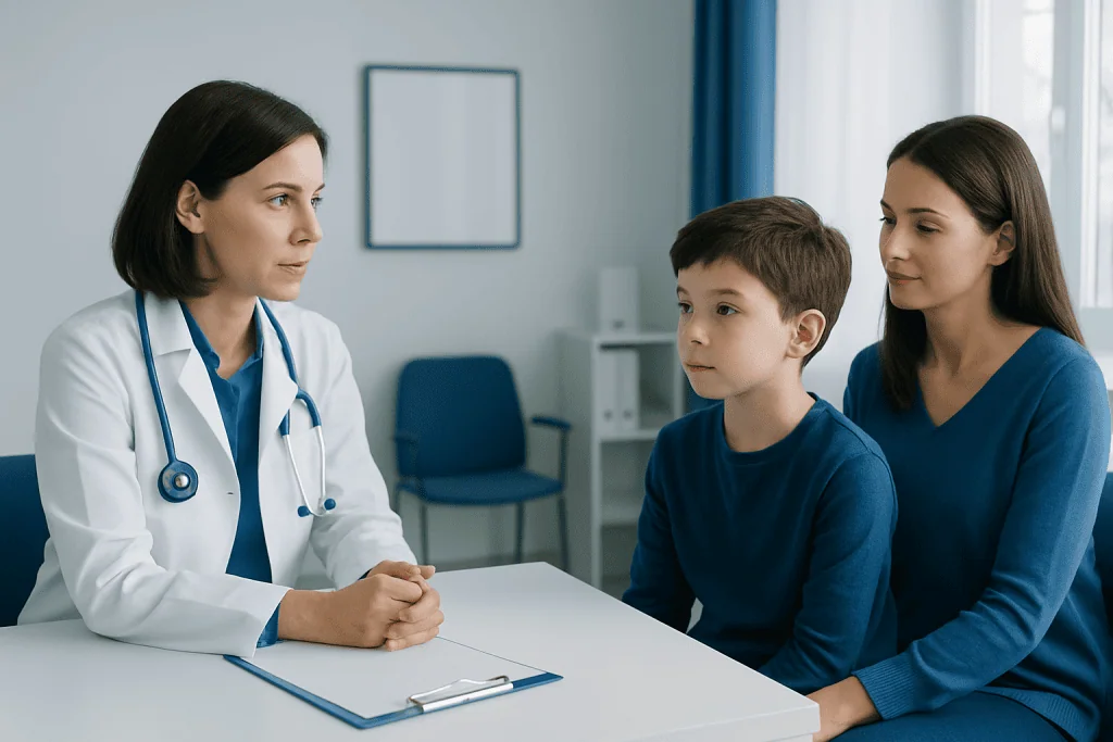 Doctor consulting with young patient and mother in a medical office.