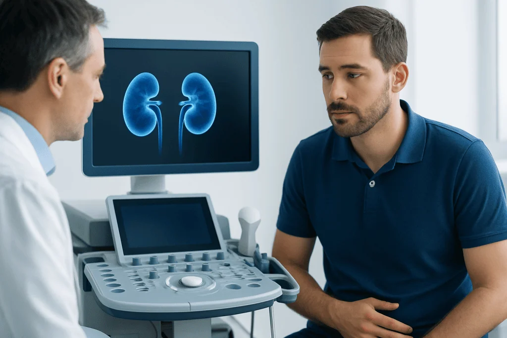 Doctor explaining kidney health to patient in a medical consultation.