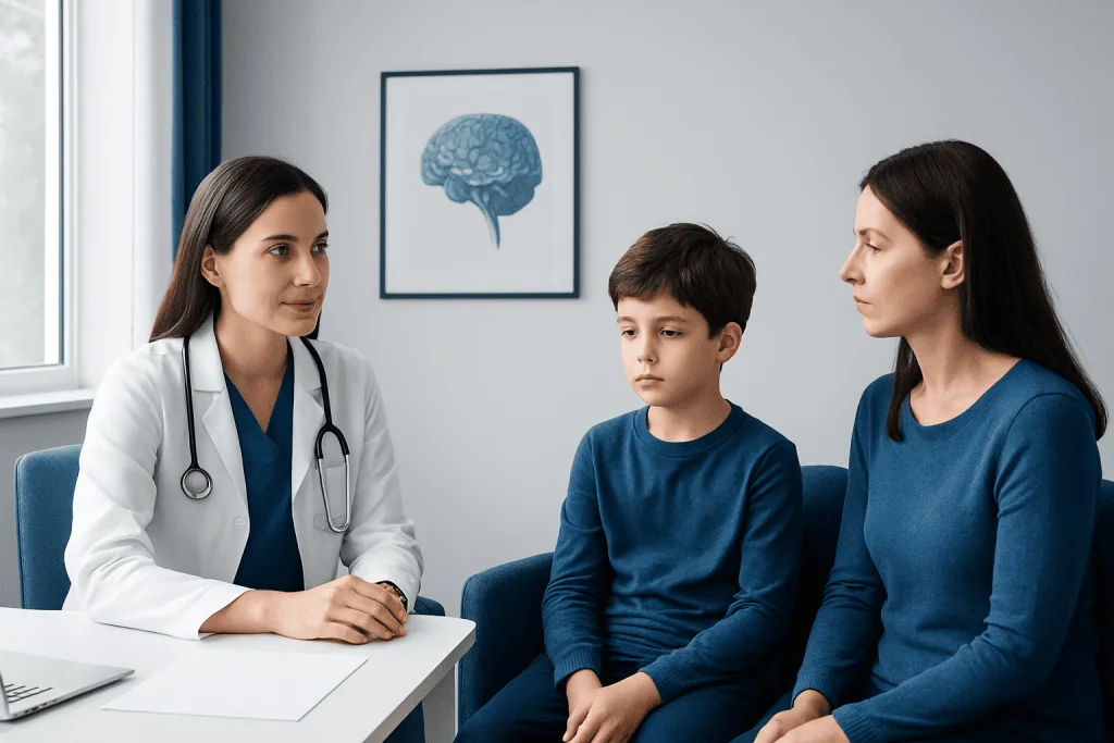 Pediatric neurologist consulting with a young boy and his mother in a medical office.