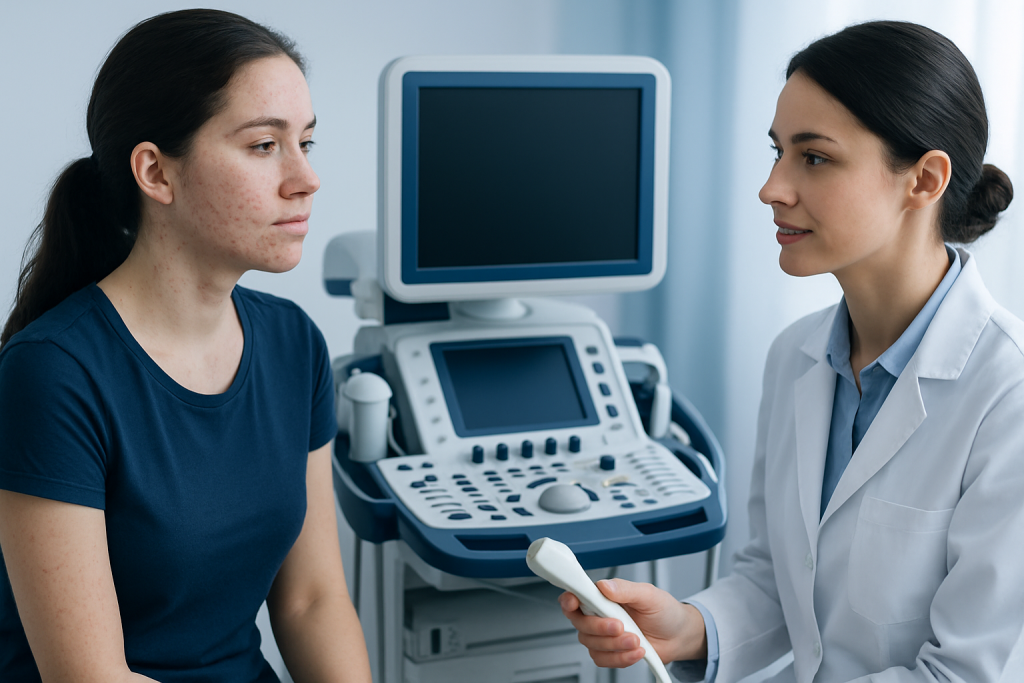 Doctor performing an ultrasound examination on a young woman with acne.