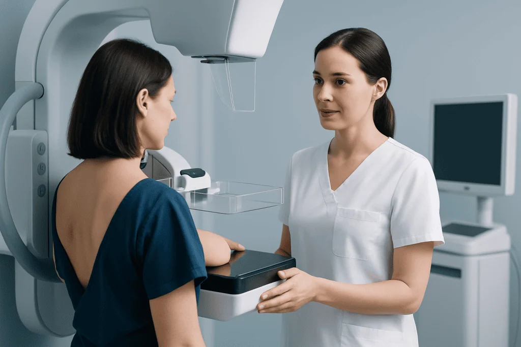 Medical professional explains breast imaging procedure to patient in clinic.