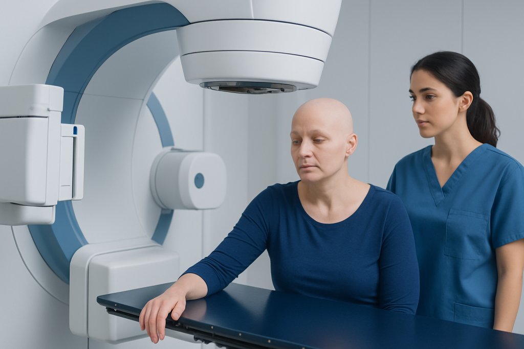 Patient undergoing radiation therapy with medical staff assistance at Acibadem Hospital.