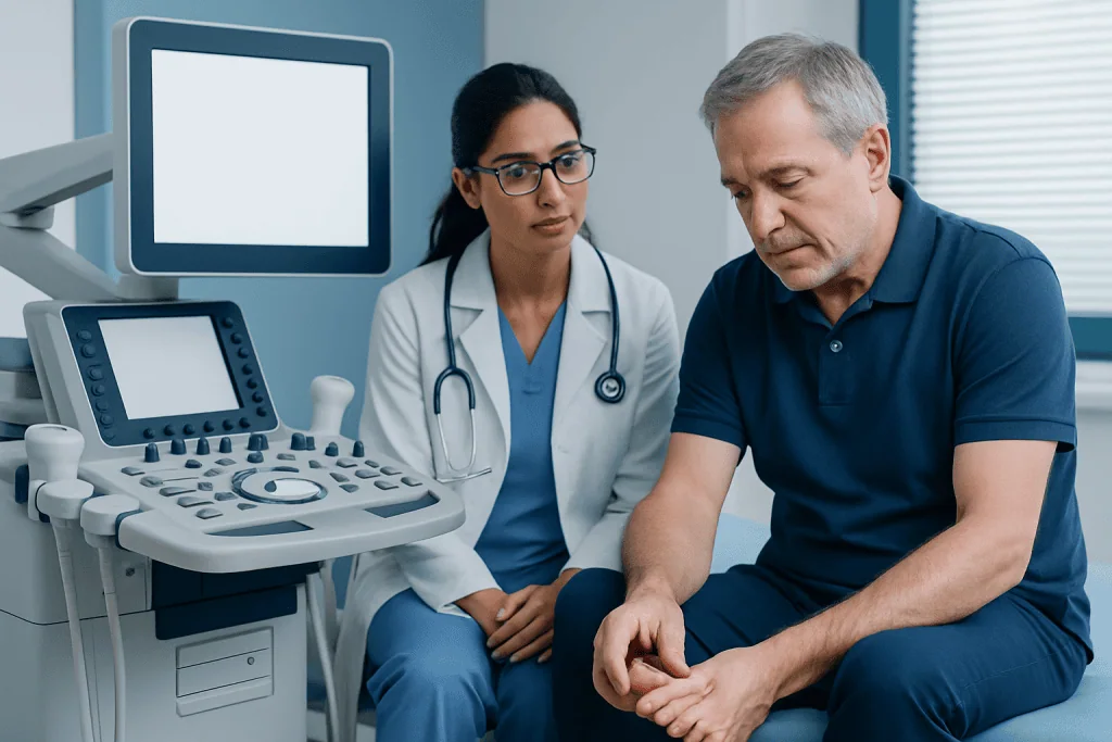 Doctor consulting with patient about joint health and ultrasound results.