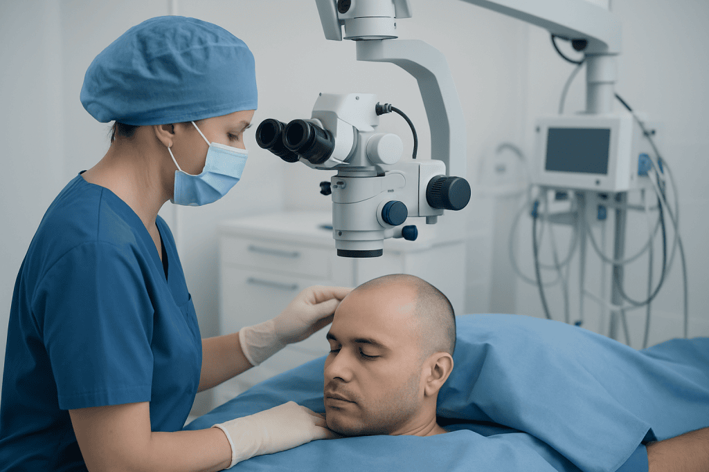 Surgeon performing scalp surgery with advanced microscope in a clinical setting.