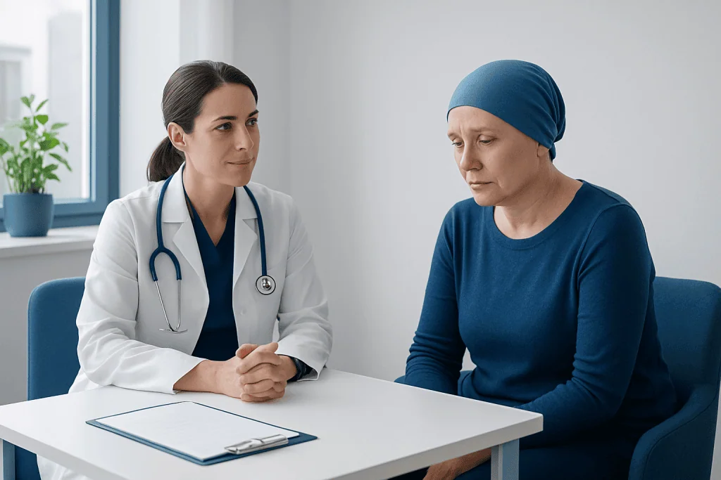 Doctor consulting a patient with cancer in a clinical setting.