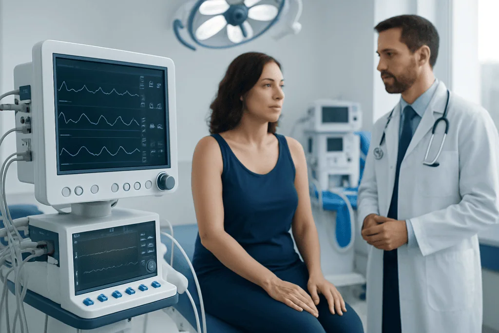 Patient undergoing cardiac monitoring in a hospital setting.