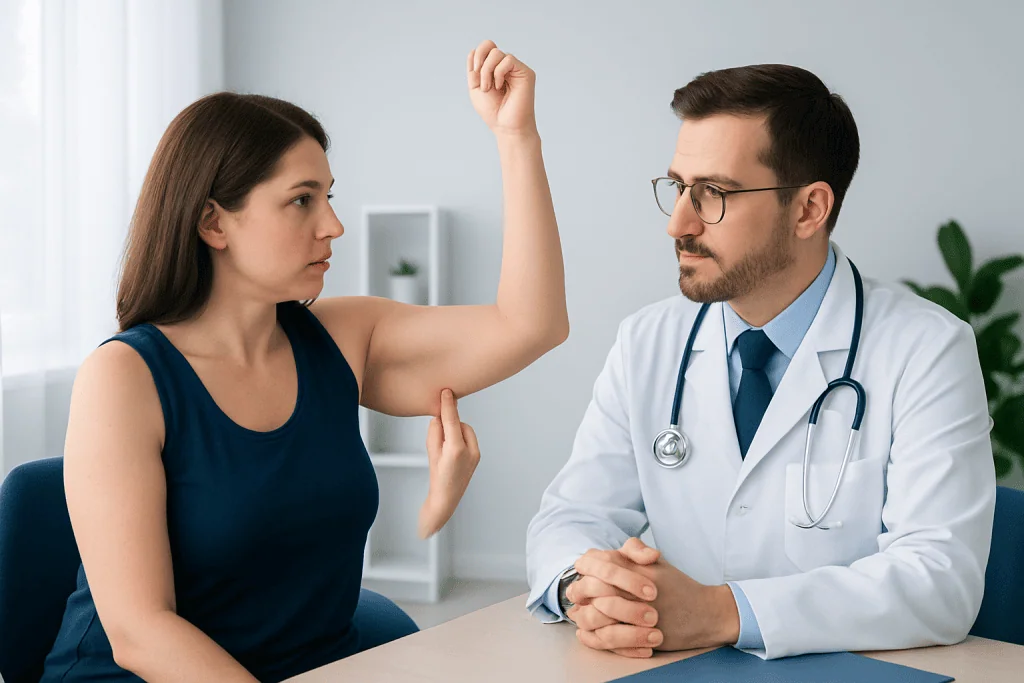 Doctor examining woman's arm for potential arm lift surgery candidates.