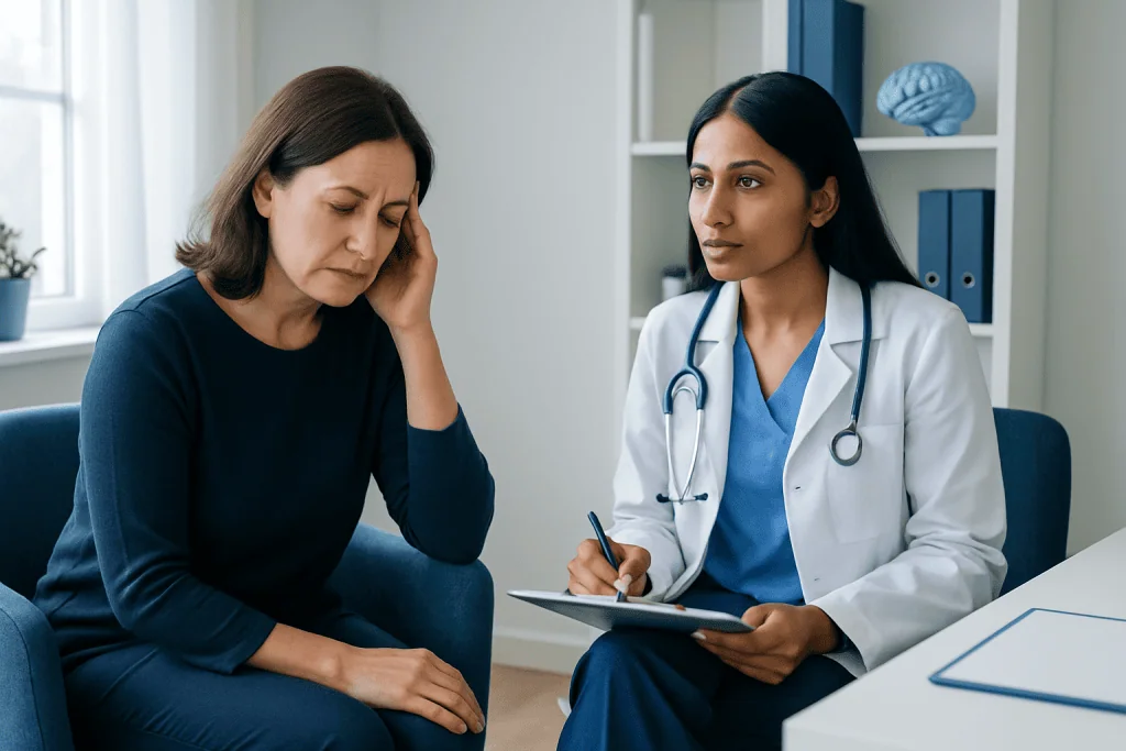 Doctor consulting with a patient in a clinical setting.