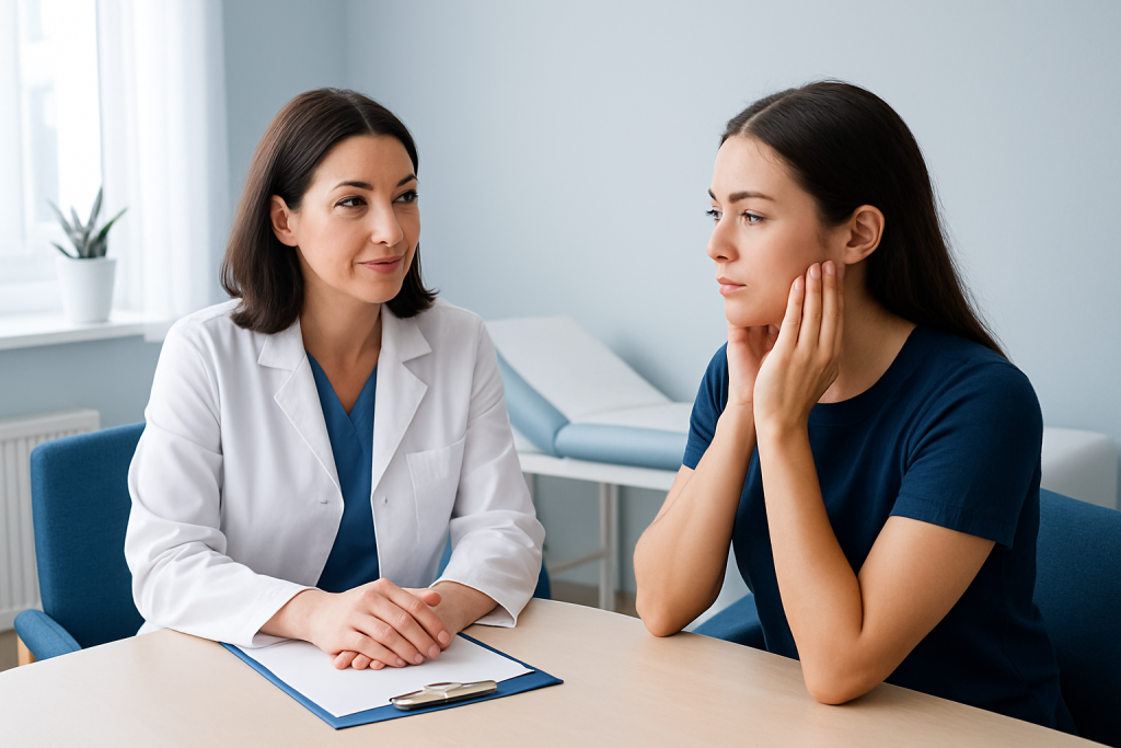 Doctor consulting a patient about cheek augmentation options.