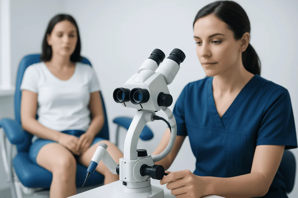 Medical professional examining a patient with a microscope in a clinical setting.