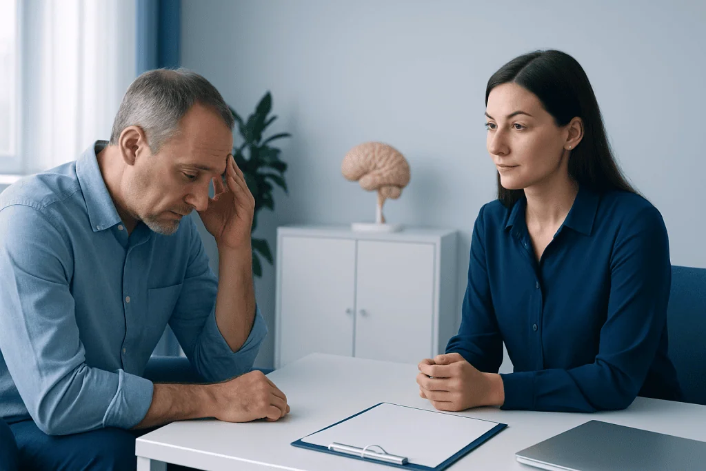 Cognitive neurologist consulting with a patient about memory issues in a clinic.