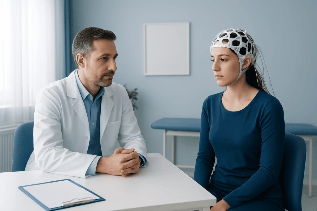 Doctor explains EEG test to young woman in a medical consultation room.