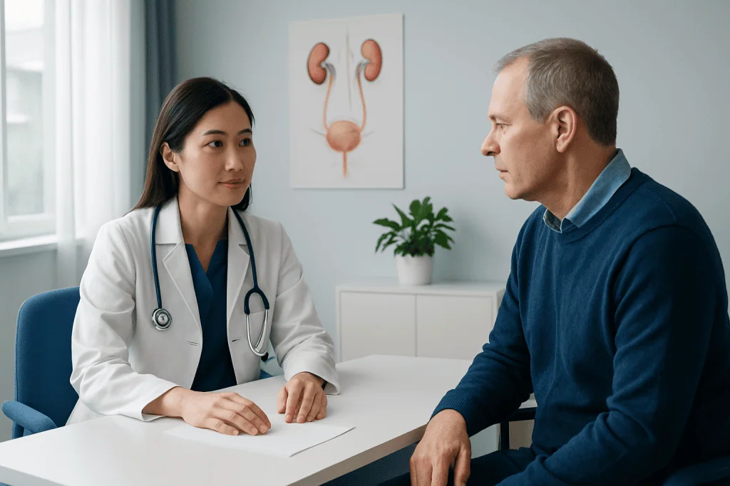 Doctor consulting with male patient in a medical office.