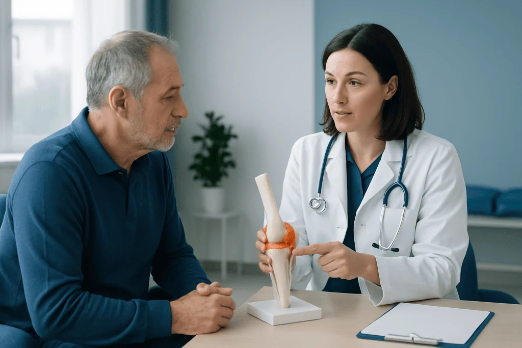 Orthopedic doctor explaining knee joint model to patient in clinic.