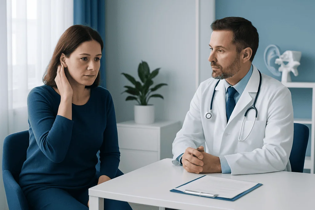 Doctor consulting with a female patient in a medical office.
