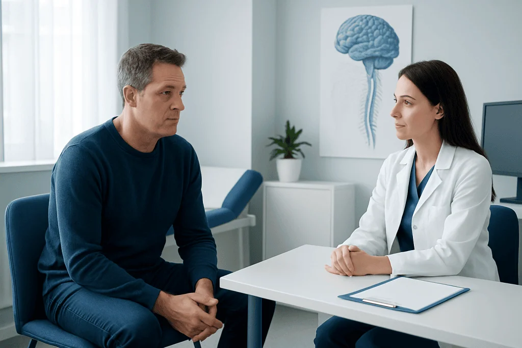 Doctor consulting with a patient in a modern medical office setting.