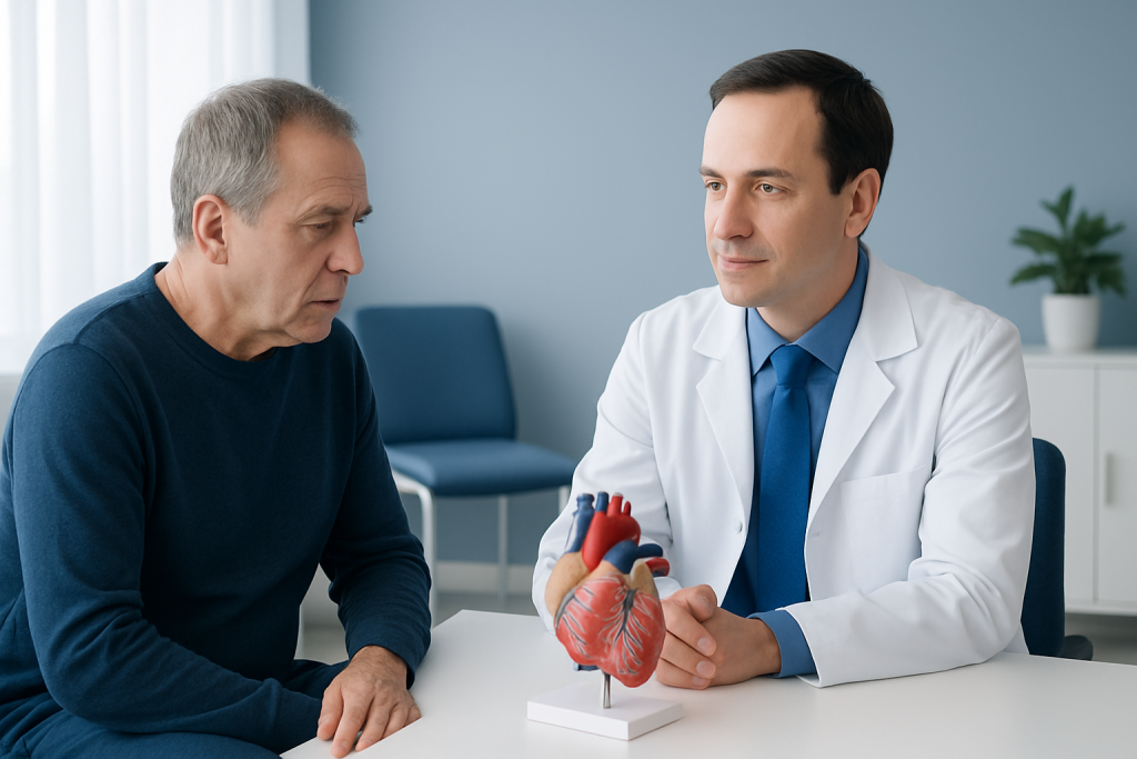 Cardiologist explaining heart health to an elderly patient with a heart model.