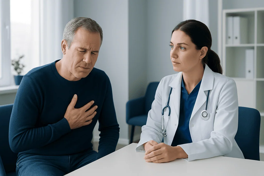 Patient experiencing chest pain during consultation at hospital.