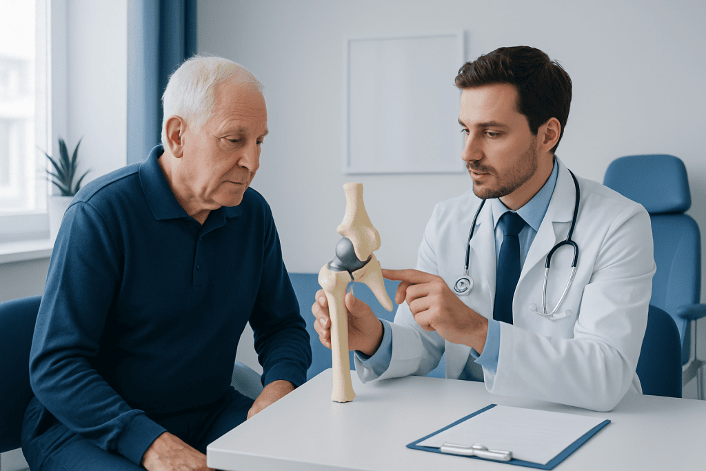 Orthopedic doctor explaining hip joint model to elderly patient.