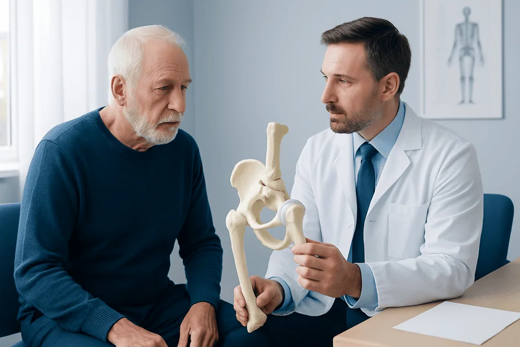 Orthopedic surgeon explaining hip replacement to elderly patient.
